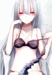 Rule 34 | 1girl, albino, bad id, bad twitter id, bare shoulders, black bra, bra, breasts, closed mouth, collarbone, cowboy shot, eyebrows, hand on own cheek, hand on own face, hanetsuki touka, highres, horns, lace, lace-trimmed bra, lace trim, long hair, looking at viewer, oni horns, original, pulled by self, red eyes, sitting, small breasts, smile, solo, spaghetti strap, strap pull, underwear, underwear only, white hair