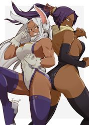 Rule 34 | 2girls, animal ear fluff, animal ears, armor, ass, ass-to-ass, back, bare back, bare shoulders, black leotard, black thighhighs, bleach, blue thighhighs, boku no hero academia, breasts, clenched hands, clothing cutout, crossover, dark-skinned female, dark skin, faulds, female focus, from side, gloves, grey background, grin, groin, halftone, highleg, highleg leotard, highres, iaranaika, large breasts, legs apart, leotard, long hair, mirko, multiple girls, muscular, muscular female, outside border, parted bangs, ponytail, purple hair, rabbit ears, rabbit girl, rabbit tail, red eyes, shihouin yoruichi, sideboob, signature, smile, standing, standing on one leg, tail, tail through clothes, teeth, thighhighs, thighs, trait connection, v-shaped eyebrows, very long hair, white gloves, white hair, white leotard, yellow eyes