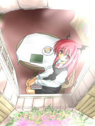 Rule 34 | 1girl, bad id, bad pixiv id, bat wings, black dress, book, chair, cup, dress, female focus, flower, from above, goma (gomasamune), hands on lap, head wings, koakuma, long hair, looking up, necktie, pointy ears, red eyes, red hair, sitting, solo, sunlight, table, teacup, embodiment of scarlet devil, touhou, v arms, vest, window, windowsill, wings