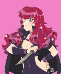 Rule 34 | 1girl, black cape, breasts, brown eyes, cape, cleavage, commentary, covered navel, facial mark, fire emblem, fire emblem engage, hand on own hip, highres, holding, holding knife, holding weapon, kaguras-art, knife, long hair, looking at viewer, medium breasts, nintendo, one eye closed, pink background, red hair, simple background, smile, solo, star (symbol), upper body, weapon, yunaka (fire emblem)