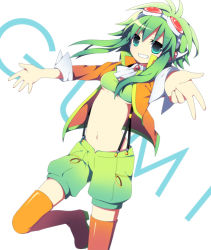 Rule 34 | 1girl, boots, character name, female focus, goggles, goggles on head, green eyes, green hair, grin, gumi, gumi (v3 megpoid), headphones, jacket, looking at viewer, matching hair/eyes, midriff, navel, outstretched arms, short hair, shorts, simple background, smile, solo, soranagi, spread arms, suspenders, thigh boots, thighhighs, vocaloid, white background