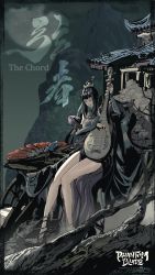 Rule 34 | 1girl, artist request, bare legs, black hair, building, detached sleeves, expressionless, closed eyes, flower, guitar, hair bun, hand fan, highres, instrument, music, official art, phantom blade (game), playing instrument, short hair with long locks, sitting, solo, wall, xianzhe (phantom blade)