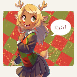 Rule 34 | 1girl, antlers, blonde hair, buck teeth, cowboy shot, deer girl, deer tail, deltarune, english text, furry, furry female, green eyes, grey skirt, highres, horns, long sleeves, looking to the side, noelle holiday, open mouth, plaid, plaid sweater, pleated skirt, red nose, shifumame, shirt, skirt, solo, sparkle, speech bubble, sweater, tail, teeth, white shirt