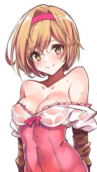 Rule 34 | 1girl, bare shoulders, blonde hair, blush, bow, breasts, brown gloves, cleavage, closed mouth, collarbone, corset, djeeta (granblue fantasy), elbow gloves, frills, gloves, granblue fantasy, hairband, highres, konnyaku (kk-monmon), looking at viewer, medium breasts, off shoulder, pink bow, pink hairband, see-through, short hair, smile, solo, upper body, water drop, wet, wet clothes, yellow eyes