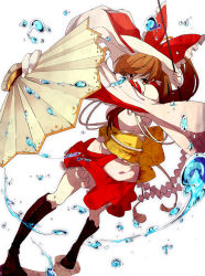 Rule 34 | 1girl, alternate costume, bare shoulders, boots, bow, brown eyes, covering face, cross-laced footwear, detached sleeves, dutch angle, hand fan, female focus, folding fan, foreshortening, gohei, hair bow, hakurei reimu, hirasaka (artist), hirasaka ine, japanese clothes, kimono, knee boots, lace-up boots, long hair, looking at viewer, miko, ponytail, short kimono, solo, tassel, touhou, water, wide sleeves