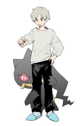 Rule 34 | 1boy, banette, black pants, blue footwear, creatures (company), game freak, gen 3 pokemon, grey hair, grey shirt, grey socks, hand on own hip, hand up, hiding, hiding behind another, highres, leg grab, long sleeves, looking at another, looking down, looking to the side, newo (shinra-p), nintendo, one eye covered, original, pants, pokemon, pokemon (creature), red eyes, shirt, short hair, shy, simple background, slippers, socks, surprised, white background