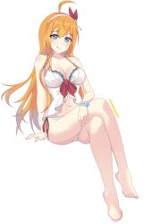 Rule 34 | 1girl, :q, absurdres, ahoge, bare arms, bare legs, bare shoulders, barefoot, blonde hair, blue eyes, breasts, collarbone, commentary request, crossed legs, hairband, highres, legs, long hair, looking at viewer, maxwelzy, medium breasts, navel, pecorine (princess connect!), princess connect!, simple background, smile, solo, thighs, toenails, toes, tongue, tongue out, very long hair, white background, white hairband