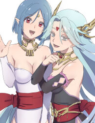 Rule 34 | 2girls, :d, blue hair, breasts, detached sleeves, dress, facial mark, filia (star ocean), forehead mark, gloves, hair ornament, jewelry, looking at viewer, medium breasts, multiple girls, necklace, open mouth, pointy ears, red eyes, rusinomob, short hair, simple background, smile, star ocean, star ocean the second story, white background