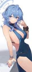 Rule 34 | 1girl, :&lt;, absurdres, ahoge, ako (blue archive), ako (dress) (blue archive), arm support, bangle, black hairband, blue archive, blue dress, blue eyes, blue hair, bracelet, breasts, cleavage, cuffs, dress, eyeshadow, hairband, halo, highres, jaws (okdol0928), jewelry, large breasts, makeup, medium hair, nail polish, official alternate costume, playing with own hair, plunging neckline, purple nails, shackles, side slit, sideboob, sideless dress, sleeveless, sleeveless dress, solo