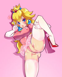 Rule 34 | 1girl, absurdres, anus, anus peek, breasts, censored, covered navel, cowboy shot, cum, cum on ass, cum on pussy, erect clitoris, facial, female focus, freakylucky, high heels, highres, leg lift, leotard, mario (series), nintendo, nipples, nude, partially visible vulva, pointless censoring, princess peach, pussy, pussy peek, shoes, solo, spread legs, standing, super mario bros. 1, thighhighs, thighs, tutu, v