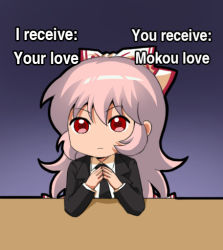 Rule 34 | 1girl, alternate costume, black background, black jacket, black necktie, bow, collared shirt, elbows on table, english text, fujiwara no mokou, gradient background, hair bow, jacket, jokanhiyou, long hair, long sleeves, looking at viewer, meme, multiple bows, necktie, own hands together, pink hair, red eyes, shirt, solo, table, touhou, trade offer (meme), upper body, white bow, white shirt