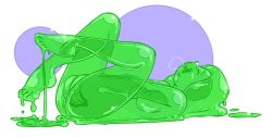 Rule 34 | 1girl, breasts, colored skin, creature, dadward, female masturbation, green skin, knees to chest, lying, masturbation, monster girl, nipples, on back, sigh, slime (substance), slime girl, small breasts, solo, spread legs, toe-point, translucent, transparent