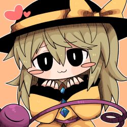 Rule 34 | 1girl, :3, black eyes, black hair, blush, bow, frilled shirt collar, frills, hat, hat bow, heart, highres, knees out of frame, komeiji koishi, light green hair, long hair, orange background, outline, simple background, smile, sweater, touhou, upper body, white outline, yellow bow, yellow sweater, zunusama