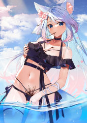 Rule 34 | 1girl, ahoge, animal ear fluff, animal ears, arm ribbon, bare shoulders, bikini, black bikini, black choker, blue eyes, blue hair, blue sky, blush, breast lift, breasts, chocolate, chocolate on body, chocolate on breasts, choker, cloud, commentary request, commission, cowboy shot, day, flower, food, food in mouth, food on body, gradient hair, hair flower, hair ornament, halterneck, highres, kasumi komo, large breasts, long hair, looking at viewer, mouth hold, multicolored hair, nail polish, navel, outdoors, pink flower, pink hair, pink nails, pocky, ribbon, side-tie bikini bottom, silvervale, silvervale (5th costume), skeb commission, sky, solo, standing, stomach, swimsuit, tail, very long hair, virtual youtuber, vshojo, wading, water, white ribbon, wolf ears, wolf girl, wolf tail