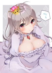 Rule 34 | 1girl, ahoge, artist name, blush, boo (mario), border, breast hold, breasts, brooch, character name, cleavage, cleavage cutout, clothing cutout, crying, crying with eyes open, dot nose, dress, elbow gloves, eyes visible through hair, facing viewer, frills, gem, gloves, grey background, grey hair, hair between eyes, hair ornament, hair over eyes, highres, jewelry, kodama (koda mat), large breasts, long hair, looking at viewer, luigi&#039;s mansion, mario (series), necklace, nintendo, orange eyes, outside border, princess king boo, ruffling hair, signature, simple background, solo, spoken sweatdrop, super crown, sweatdrop, tearing up, tears, upper body, white border
