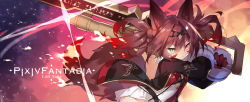 Rule 34 | 1girl, animal ears, black jacket, blush, brown eyes, brown hair, commentary request, copyright name, dress, facial mark, fox ears, fox girl, fox tail, fur-trimmed sleeves, fur trim, gloves, gradient hair, hair between eyes, headpiece, holding, holding weapon, huge weapon, jacket, long hair, long sleeves, multicolored hair, open clothes, open jacket, pixiv fantasia, pixiv fantasia last saga, red gloves, red hair, saru, solo, tail, twintails, v-shaped eyebrows, weapon, white dress
