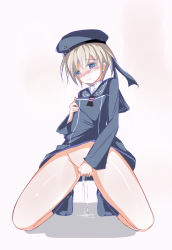 Rule 34 | 10s, 1girl, bad id, bad pixiv id, beret, blue eyes, blue shirt, blue socks, blush, bottomless, breast hold, breasts, clothed masturbation, clothes writing, denis053, female masturbation, fingering, full body, hat, kantai collection, long sleeves, looking down, masturbation, no panties, personification, pussy juice, pussy juice puddle, sailor collar, sailor hat, shirt, short hair, silver hair, simple background, small breasts, socks, solo, white background, z1 leberecht maass (kancolle), zuo wei er