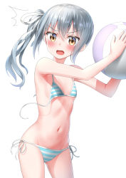Rule 34 | 1girl, absurdres, ball, beachball, bikini, blush, brown eyes, commentary request, cowboy shot, flat chest, grey hair, groin, hair between eyes, hair ribbon, highres, holding, holding ball, kantai collection, kasumi (kancolle), long hair, navel, nedia (nedia region), open mouth, ribbon, side-tie bikini bottom, side ponytail, simple background, solo, striped bikini, striped clothes, swimsuit, untied bikini, wardrobe malfunction, white background, white ribbon