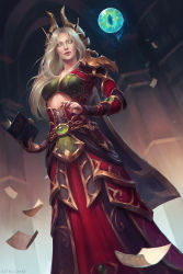 Rule 34 | 1girl, :|, armor, artist name, astri lohne sjursen, belt, blonde hair, blood elf (warcraft), book, breasts, cape, chain, cleavage, closed mouth, dagger, dress, dutch angle, elf, fingernails, gem, glowing, glowing eye, glowing eyes, green eyes, highres, knife, long eyebrows, long hair, long sleeves, looking at viewer, nail polish, night, open book, pages, pauldrons, pointy ears, red dress, red nails, sheath, sheathed, shoulder armor, shoulder pads, signature, sky, solo, stomach, warcraft, weapon, world of warcraft