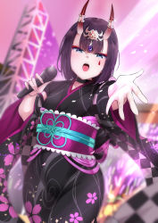 Rule 34 | 1girl, black kimono, bob cut, breasts, choker, eyeliner, fate/grand order, fate (series), floral print, headpiece, highres, horn ornament, horn ring, horns, japanese clothes, kimono, long sleeves, looking at viewer, lostroom outfit (fate), makeup, microphone, nagatani (nagata2), obi, oni, open mouth, outstretched arm, purple eyes, purple hair, sash, short hair, shuten douji (fate), shuten douji (lostroom outfit) (fate), skin-covered horns, small breasts, solo, wide sleeves