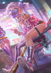 Rule 34 | 2girls, alphonse (white datura), android, asymmetrical legwear, baseball bat, blue eyes, blue hair, bracelet, breasts, building, choker, city, city lights, grey hair, highres, jacket, jewelry, long hair, mask, micro shorts, miniskirt, motor vehicle, motorcycle, mouth mask, multicolored hair, multiple girls, neon lights, night, off shoulder, open mouth, original, panties, pantyshot, photoshop (medium), science fiction, shoes, shorts, sign, sitting, skirt, small breasts, sneakers, solo focus, streaked hair, thighhighs, twintails, two-tone hair, underwear, very long hair