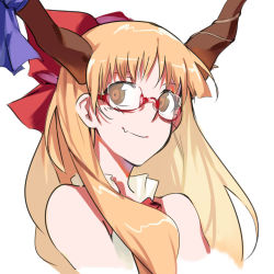 Rule 34 | 1girl, bad id, bad pixiv id, bespectacled, blonde hair, bow, brown eyes, fang, glasses, hair bow, hair ribbon, highres, horn bow, horn ornament, horns, ibuki suika, long hair, looking to the side, nakamura rohane, red-framed eyewear, ribbon, semi-rimless eyewear, smile, solo, touhou, white background