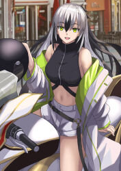 Rule 34 | 1girl, bare shoulders, black hair, blush, coat, crop top, cropped shirt, fate/grand order, fate (series), formal, green coat, green eyes, grey hair, helmet, highres, holding, holding helmet, jacket, ksfactory, looking at viewer, motor vehicle, motorcycle, multicolored clothes, multicolored coat, multicolored hair, multicolored jacket, navel, on motorcycle, outdoors, short shorts, shorts, smile, solo, stomach, striped clothes, striped jacket, striped suit, suit, two-tone coat, two-tone hair, two-tone jacket, uesugi kenshin (fate), uesugi kenshin (second ascension) (fate), white jacket, white shorts