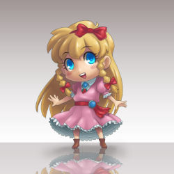 Rule 34 | 1girl, aged down, bad id, bad pixiv id, blonde hair, blue eyes, blush stickers, boots, bow, braid, castlevania (series), castlevania: rondo of blood, chibi, dress, eyelashes, hair bow, long hair, looking at viewer, lowres, maria renard, multiple hair bows, reflection, solo, standing, stupa13a, twin braids