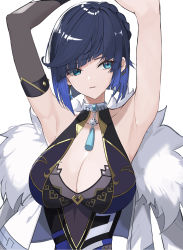 Rule 34 | 1girl, aqua eyes, armpits, arms up, blue hair, bob cut, breasts, center opening, chinese commentary, cleavage, coat, collarbone, diagonal bangs, dice, ear piercing, earrings, elbow gloves, fur trim, genshin impact, gloves, gold trim, highres, jewelry, large breasts, looking away, mole, mole on breast, necklace, open mouth, parted lips, pearl necklace, piercing, presenting armpit, rikui (rella2930), shadow, short hair, simple background, single bare arm, single glove, solo, tassel, upper body, white background, white coat, yelan (genshin impact)