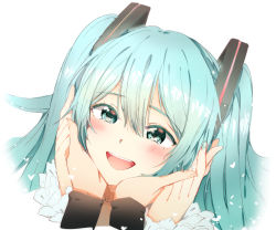 Rule 34 | 1girl, agonasubi, blush, eyebrows, eyelashes, green eyes, green hair, hair ornament, hatsune miku, long hair, looking at viewer, open mouth, simple background, sketch, smile, solo focus, teeth, twintails, vocaloid, white background