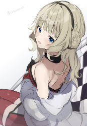 Rule 34 | blonde hair, boots, braid, checkered flag, choker, cropped jacket, flag, hair bun, hairband, highres, holding, holding flag, kantai collection, light brown hair, looking at viewer, looking back, official alternate costume, picoli1313, race queen, ranger (kancolle), red thighhighs, side braids, single side bun, sitting, thigh boots, thighhighs, twitter username, two-tone dress
