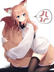 Rule 34 | 1girl, absurdres, anger vein, animal ear fluff, animal ears, between legs, blue eyes, blush, brown hair, brown thighhighs, closed mouth, commentary request, feet out of frame, fox ears, fox girl, fox tail, grey sweater, hair between eyes, highres, hugging own legs, hugging own tail, hugging tail, long hair, long sleeves, looking at viewer, mizu (lzzrwi603), original, puffy long sleeves, puffy sleeves, sleeves past wrists, solo, spoken anger vein, sweater, tail, tail between legs, thighhighs, v-shaped eyebrows, white background