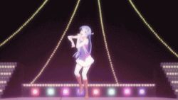 Rule 34 | 00s, 1girl, ;d, animated, animated gif, blue hair, blunt bangs, dancing, hairband, kannagi, long hair, lowres, microphone, music, nagi, one eye closed, open mouth, pleated skirt, purple eyes, screencap, singing, skirt, smile, solo, stage, white skirt, wink, winking (animated)
