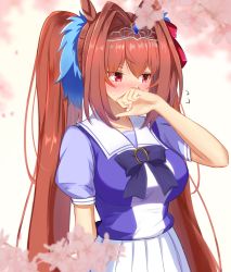 Rule 34 | 1girl, animal ears, black bow, black bowtie, blush, bow, bowtie, breasts, brown hair, commentary request, covering own mouth, cowboy shot, daiwa scarlet (umamusume), embarrassed, eyes visible through hair, flower, gao kawa, hair intakes, hair ornament, hair ribbon, hand over own mouth, hand up, highres, horse ears, horse girl, large breasts, long hair, looking away, pink flower, pleated skirt, puffy short sleeves, puffy sleeves, purple shirt, red eyes, red ribbon, ribbon, shirt, short sleeves, skirt, solo, standing, tiara, twintails, umamusume, very long hair, white background, white skirt