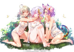 Rule 34 | 3girls, aged up, animal ear fluff, animal ears, bad id, bad pixiv id, bare arms, bare legs, bare shoulders, barefoot, diona (genshin impact), dress, feet, genshin impact, green hair, klee (genshin impact), multiple girls, panties, pointy ears, purple eyes, purple hair, qiqi (genshin impact), red eyes, short hair, silver hair, skirt, sydus, toes, underwear, white dress