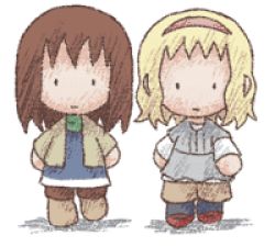 Rule 34 | 2girls, animated, animated gif, blonde hair, blouse, brown hair, crying, full body, hairband, holding hands, jacket, looking at another, lowres, multiple girls, namu (nurui cha), open clothes, open jacket, open mouth, pantyhose, rejection, rubbing eyes, scarf, shirt, simple background, teardrop, tears, walking, white background