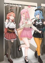 3girls :d :o absurdres bag beret black_thighhighs blue_eyes blue_hair boots breasts changing_room choker clothes_shop corset curtains detached_sleeves embarrassed fashion flower foot_up green_eyes hair_flower hair_ornament hat highres holding_hands hololive hololive_english hoshimachi_suisei hoshimachi_suisei_(casual) jacket large_breasts looking_at_another looking_at_viewer miniskirt mori_calliope mori_calliope_(kawaiiope) multiple_girls off_shoulder official_alternate_costume open_mouth orange_pantyhose pantyhose pink_eyes pink_hair plaid_clothes plaid_skirt red_hair sakura_miko sakura_miko_(casual) shirt_tucked_in shoes shopping_bag skirt smile spoken_squiggle squiggle tanukidraws thigh_strap thighhighs virtual_youtuber zettai_ryouiki