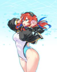Rule 34 | 1girl, black jacket, blue eyes, blue hair, breasts, colored inner hair, commentary request, competition swimsuit, conch, cowboy shot, goggles, goggles on head, highres, jacket, kiyama satoshi, long hair, medium breasts, multicolored hair, one-piece swimsuit, open mouth, original, red hair, seashell, shell, shell to ear, solo, swimsuit, swimsuit under clothes, two-tone hair, virtual youtuber, white one-piece swimsuit