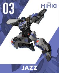 Rule 34 | airborne, arm cannon, assault visor, autobot, character name, commentary, english commentary, hand on own head, highres, jazz (transformers), kamitoge supino, mecha, no humans, open mouth, robot, transformers, weapon, zoom layer