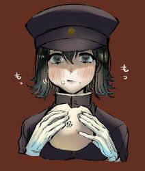 Rule 34 | 1girl, akitsu maru (kancolle), aupt31, baozi, black eyes, black hair, black hat, brown background, eating, food, food on face, gloves, grey eyes, hat, highres, kantai collection, looking at viewer, military, military hat, military uniform, pale skin, peaked cap, short hair, simple background, solo, straight-on, uniform, white gloves