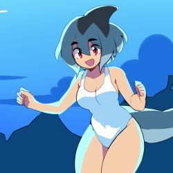 Rule 34 | 1girl, :d, azuumori, bare arms, bare shoulders, blue background, blue hair, blue theme, breasts, commentary, cowboy shot, english commentary, fins, fish tail, hair between eyes, hands up, large breasts, legs together, medium hair, one-piece swimsuit, open mouth, original, red eyes, shark fin, mako (azuumori), shark tail, smile, solo, swimsuit, tail, white one-piece swimsuit