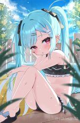 Rule 34 | 1girl, bare arms, bare legs, bare shoulders, bikini, black bikini, black bow, black footwear, black nails, blue hair, blue sky, blush, bow, cloud, commentary request, day, ear piercing, frilled bikini, frills, hair bow, hair ornament, hairclip, hand up, highres, kanae (tsukiman), knees up, long hair, looking at viewer, nail polish, original, outdoors, parted bangs, parted lips, piercing, rabbit hair ornament, red eyes, sandals, sky, solo, swimsuit, tsukiman, twintails, very long hair, water drop, wet, wet hair