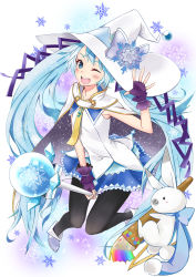 Rule 34 | 1girl, blue eyes, blue hair, cape, fingerless gloves, gloves, hat, hatsune miku, highres, long hair, matching hair/eyes, one eye closed, open mouth, paintbrush, pantyhose, rabbit, rainbow, sasetsu, skirt, snowflakes, solo, twintails, very long hair, vocaloid, wand, wink, witch hat, yuki miku, yukine (vocaloid)