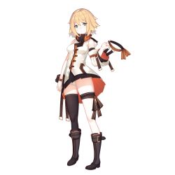 Rule 34 | 1girl, arm belt, arm pouch, artist request, asymmetrical legwear, bare shoulders, belt boots, black skirt, blonde hair, boots, brown footwear, buckle, collared jacket, coral (final gear), cross-laced footwear, detached sleeves, final gear, full body, gold buckle, green eyes, hair between eyes, highres, holding headband, horizontal-striped thighhighs, jacket, knees, lace-up boots, light frown, looking at viewer, mismatched legwear, multicolored clothes, multicolored jacket, official art, orange stripes, panties, ribbon, short hair, simple background, single bare leg, single detached sleeve, single thighhigh, skirt, sleeveless, solo, standing, striped armband, striped clothes, striped headwear, striped ribbon, striped thighhighs, tachi-e, thigh strap, thighhighs, third-party source, transparent background, two-tone collar, two-tone skirt, two-tone thighhighs, underwear, vertical-striped clothes, vertical-striped headwear, white jacket, white panties