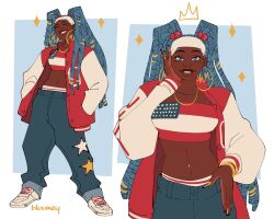 Rule 34 | 1girl, ^ ^, american flag, american flag print, american miku, blue eyes, blue hair, blue pants, bluumey, borrowed design, breasts, brown lips, closed eyes, collarbone, commentary, dark-skinned female, dark skin, denim, drawn crown, dreadlocks, earrings, english commentary, fingernails, flag print, hair behind ear, hand on own cheek, hand on own face, hands in pockets, hatsune miku, highres, hoop earrings, jacket, jeans, jewelry, long fingernails, looking at viewer, medium breasts, midriff, multiple views, navel, navel piercing, necklace, nike (company), nike air force 1, pants, parted lips, piercing, red jacket, smile, star (symbol), twintails, very dark skin, vocaloid, worldwide miku, y2k fashion