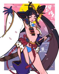 Rule 34 | 1girl, :d, armor, black hair, blue panties, blush, border, breast curtains, breasts, closed eyes, detached sleeves, fate/grand order, fate (series), feathers, gloves, hacco mayu, hair ornament, hand on hilt, hat, highres, japanese armor, long hair, looking at viewer, medium breasts, navel, open mouth, panties, parted bangs, revealing clothes, sheath, sheathed, side ponytail, sideboob, single glove, smile, solo, sun, sword, tate eboshi, twitter username, underwear, ushiwakamaru (fate), very long hair, weapon, white border, white sleeves