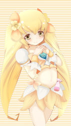 Rule 34 | 10s, 1girl, blonde hair, bow, brooch, cure sunshine, flower, hair flower, hair ornament, hair ribbon, heart, heart brooch, heartcatch precure!, highres, jewelry, long hair, magical girl, midriff, myoudouin itsuki, navel, own hands clasped, own hands together, precure, ribbon, skirt, solo, soo, twintails, very long hair, wristband, yellow background, yellow bow, yellow eyes, yellow theme