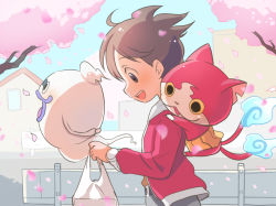 Rule 34 | 10s, 1boy, amano keita, arms behind back, bad id, bad pixiv id, bag, belt, blue sky, brown hair, building, cat, cherry blossoms, day, ghost, haramaki, hood, hooded jacket, jacket, jibanyan, multiple tails, natsuki nori, notched ear, nyu, open clothes, open jacket, open mouth, outdoors, petals, purple lips, short hair, sky, tail, tree, two tails, watch, whisper (youkai watch), wristwatch, traditional youkai, youkai watch, youkai watch (object)