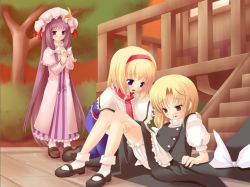 Rule 34 | 3girls, alice margatroid, dress, female focus, game cg, hair ribbon, hat, kirisame marisa, long hair, mob cap, multiple girls, nature, outdoors, patchouli knowledge, plant, ribbon, sitting, skirt, socks, standing, striped clothes, striped dress, touhou, unworn hat, unworn headwear, vertical-striped clothes, vertical-striped dress, very long hair, white legwear, witch, witch hat