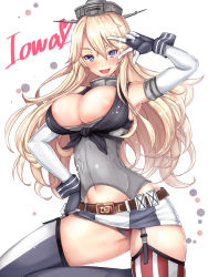 Rule 34 | 10s, 1girl, areola slip, artistic error, bare shoulders, belt, belt buckle, blonde hair, blue eyes, blush, breasts, buckle, character name, cleavage, commentary request, elbow gloves, front-tie top, garter straps, gloves, hand on own hip, headgear, highres, iowa (kancolle), kantai collection, large breasts, long hair, looking at viewer, miniskirt, navel, open mouth, panties, pantyshot, skirt, smile, solo, standing, star-shaped pupils, star (symbol), striped clothes, striped skirt, striped thighhighs, symbol-shaped pupils, thighhighs, underwear, untue, v, vertical-striped clothes, vertical-striped skirt, vertical-striped thighhighs